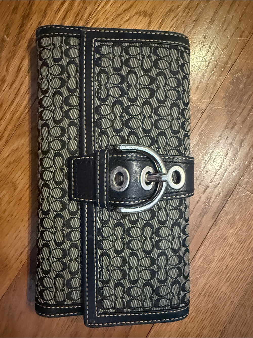 Coach Black and Grey Signature Canvas Continental Wallet